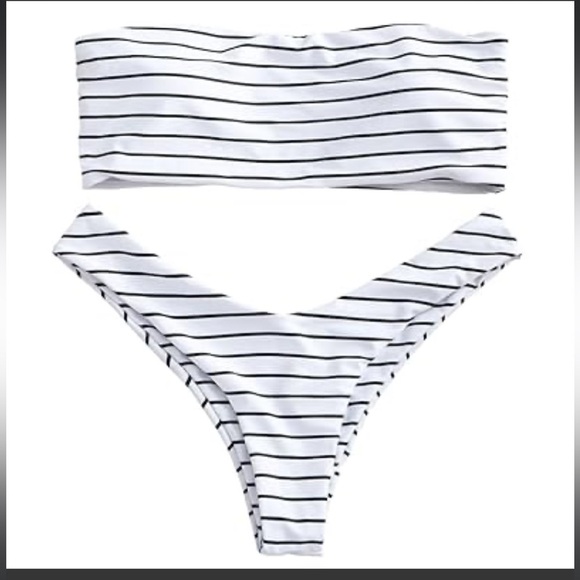 Zaful white/ Black Striped Bandeau High cut Cheeky Bikini   Size M - Picture 2 of 14